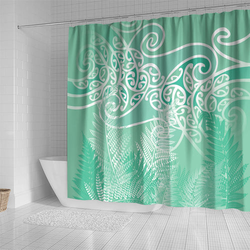 Aotearoa Maori Koru Curves Shower Curtain Silver Ferns - Mint