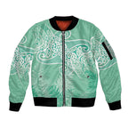 Aotearoa Maori Koru Curves Sleeve Zip Bomber Jacket Silver Ferns - Mint