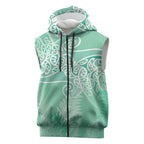 Aotearoa Maori Koru Curves Sleeveless Zip Hoodie Silver Ferns - Mint