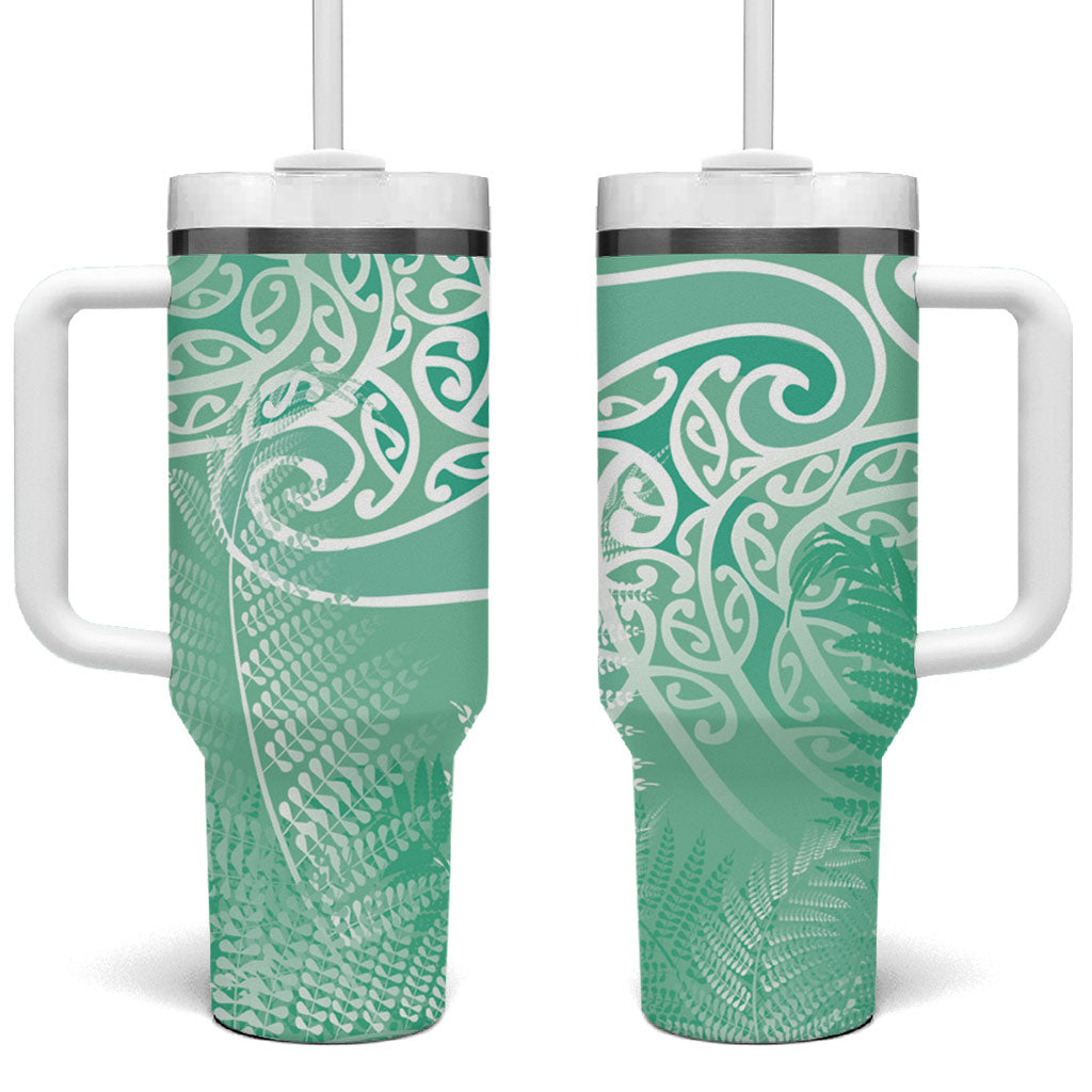 Aotearoa Maori Koru Curves Tumbler With Handle Silver Ferns - Mint