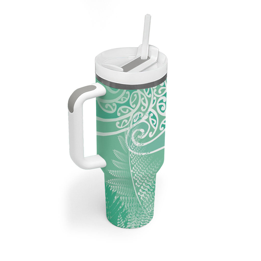 Aotearoa Maori Koru Curves Tumbler With Handle Silver Ferns - Mint