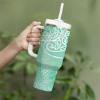 Aotearoa Maori Koru Curves Tumbler With Handle Silver Ferns - Mint