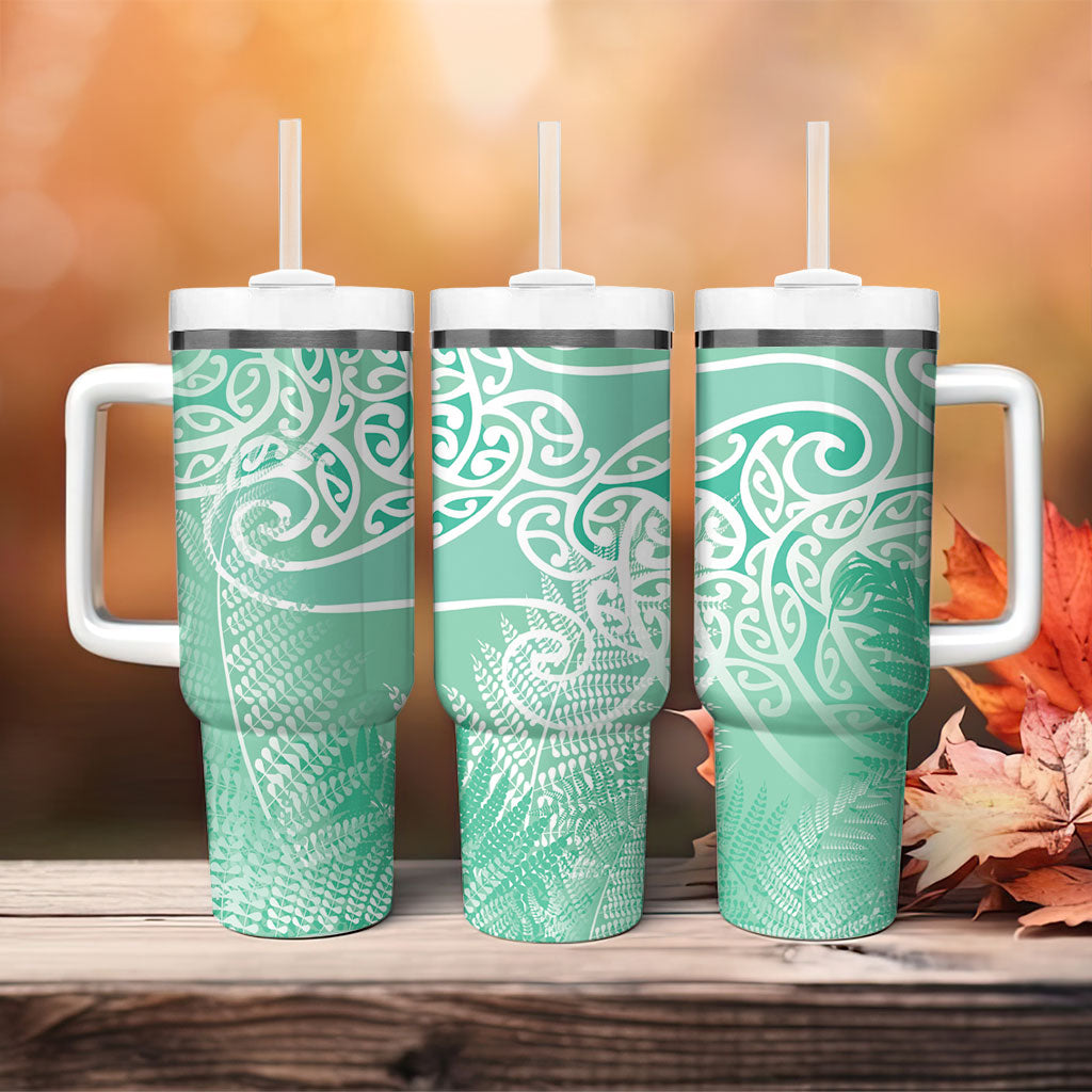 Aotearoa Maori Koru Curves Tumbler With Handle Silver Ferns - Mint