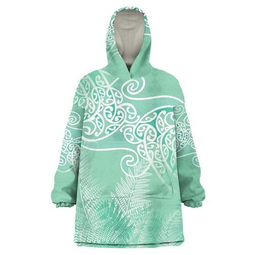 Aotearoa Maori Koru Curves Wearable Blanket Hoodie Silver Ferns - Mint