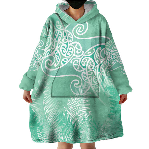 Aotearoa Maori Koru Curves Wearable Blanket Hoodie Silver Ferns - Mint
