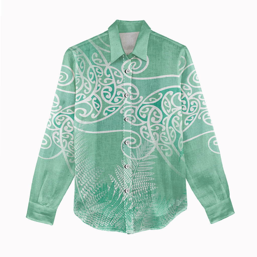 Aotearoa Maori Koru Curves Women Casual Shirt Silver Ferns - Mint