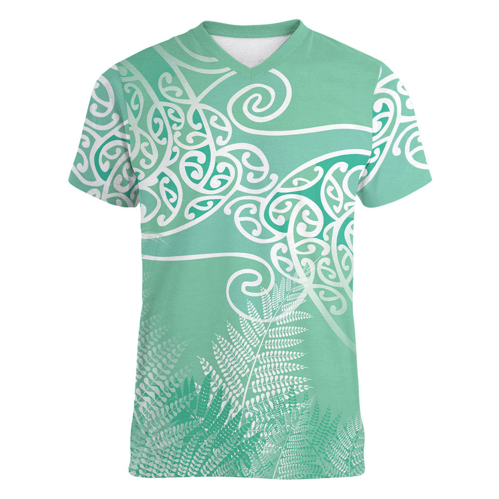 Aotearoa Maori Koru Curves Women V-Neck T-Shirt Silver Ferns - Mint