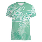 Aotearoa Maori Koru Curves Women V-Neck T-Shirt Silver Ferns - Mint