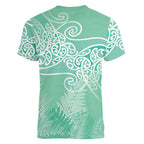Aotearoa Maori Koru Curves Women V-Neck T-Shirt Silver Ferns - Mint