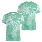 Aotearoa Maori Koru Curves Women V-Neck T-Shirt Silver Ferns - Mint