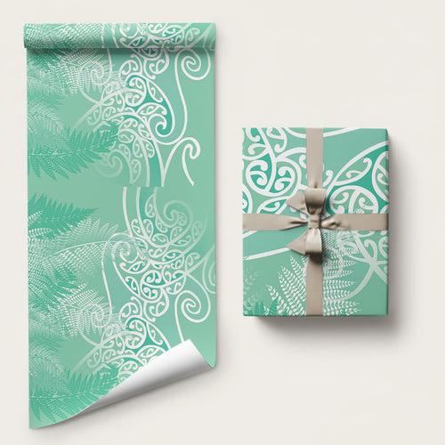 Aotearoa Maori Koru Curves Wrapping Paper Silver Ferns - Mint