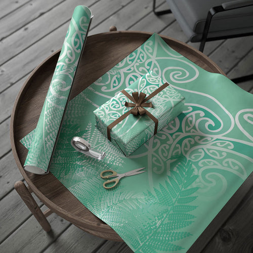 Aotearoa Maori Koru Curves Wrapping Paper Silver Ferns - Mint