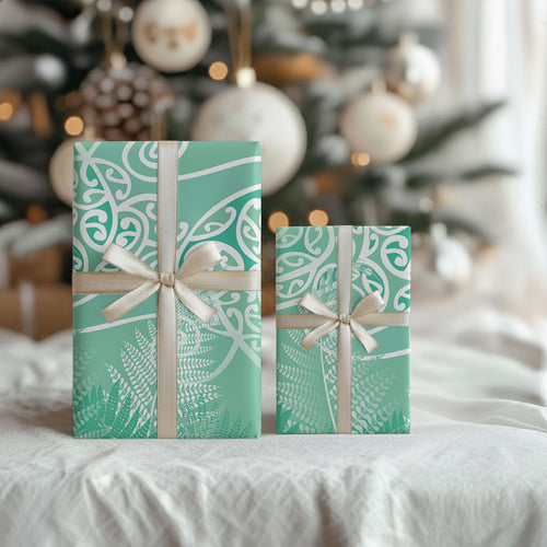 Aotearoa Maori Koru Curves Wrapping Paper Silver Ferns - Mint