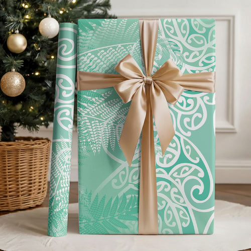 Aotearoa Maori Koru Curves Wrapping Paper Silver Ferns - Mint