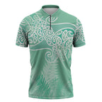 Aotearoa Maori Koru Curves Zipper Polo Shirt Silver Ferns - Mint