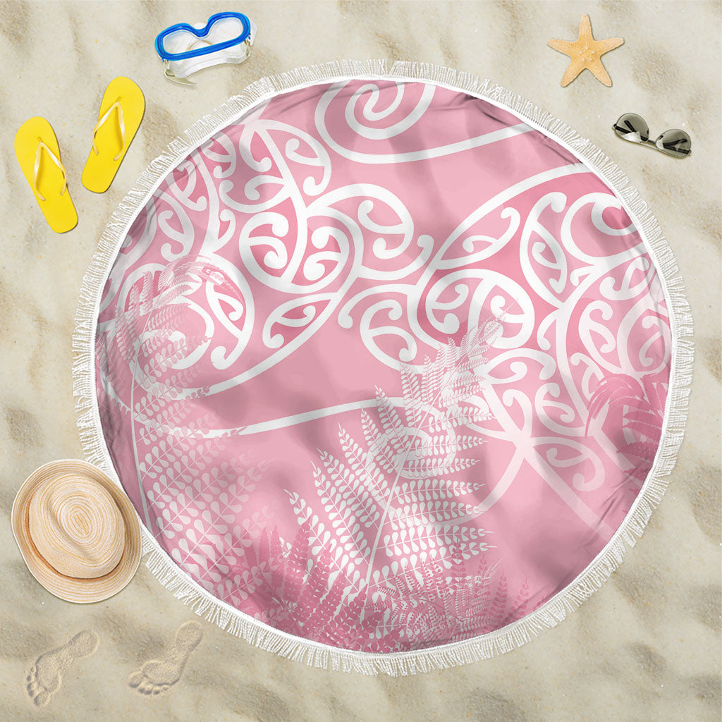 Aotearoa Maori Koru Curves Beach Blanket Silver Ferns - Rose Pink