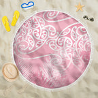 Aotearoa Maori Koru Curves Beach Blanket Silver Ferns - Rose Pink