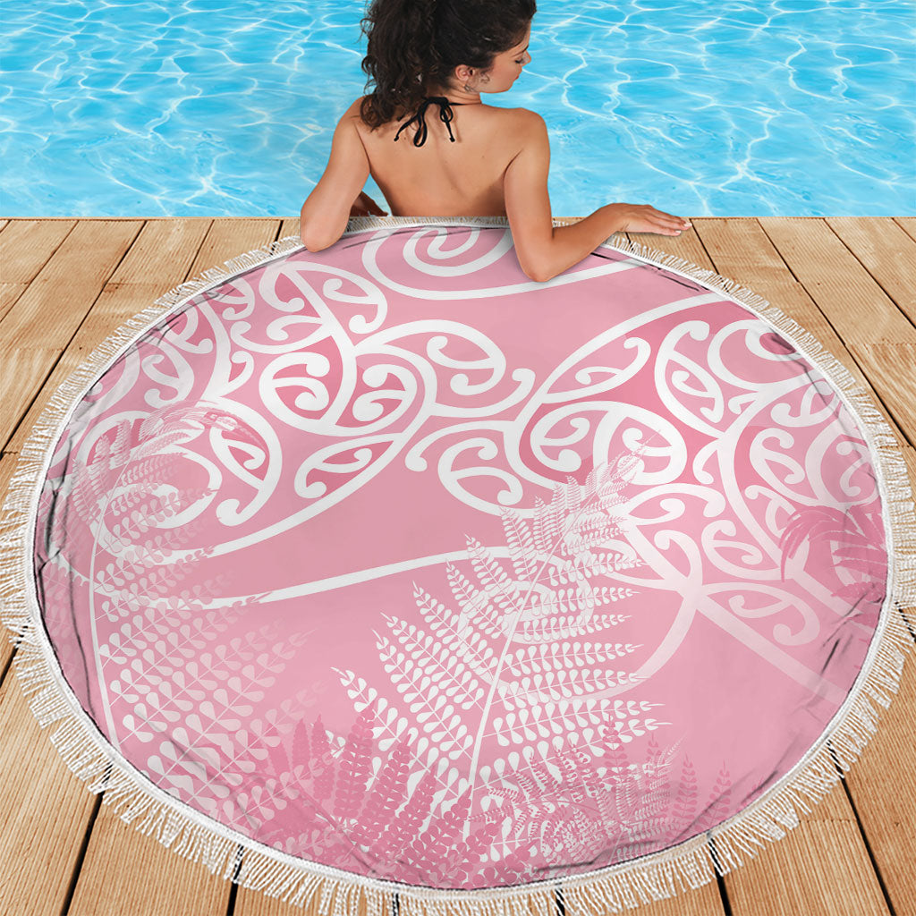 Aotearoa Maori Koru Curves Beach Blanket Silver Ferns - Rose Pink
