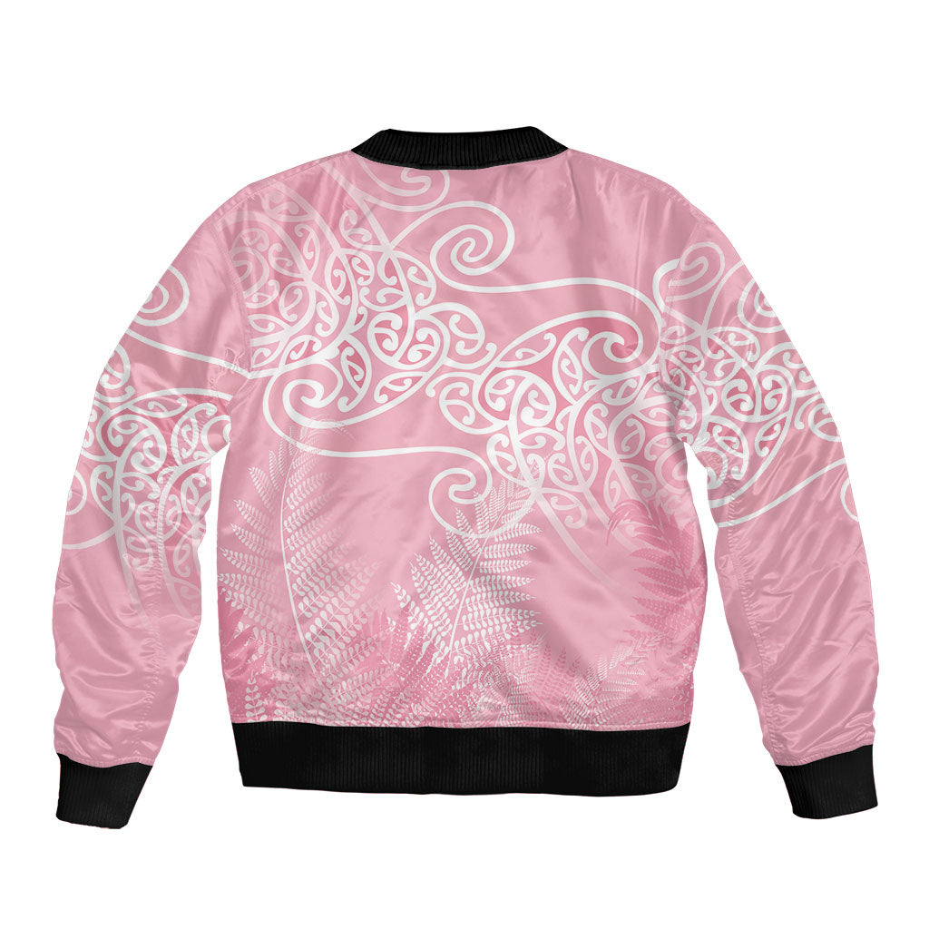 Aotearoa Maori Koru Curves Bomber Jacket Silver Ferns - Rose Pink
