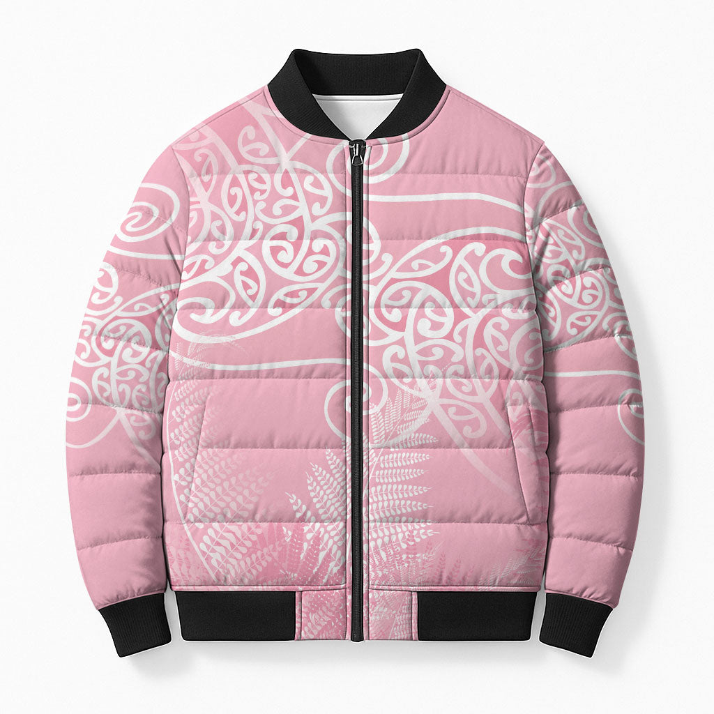 Aotearoa Maori Koru Curves Bomber Puffer Jacket Silver Ferns - Rose Pink