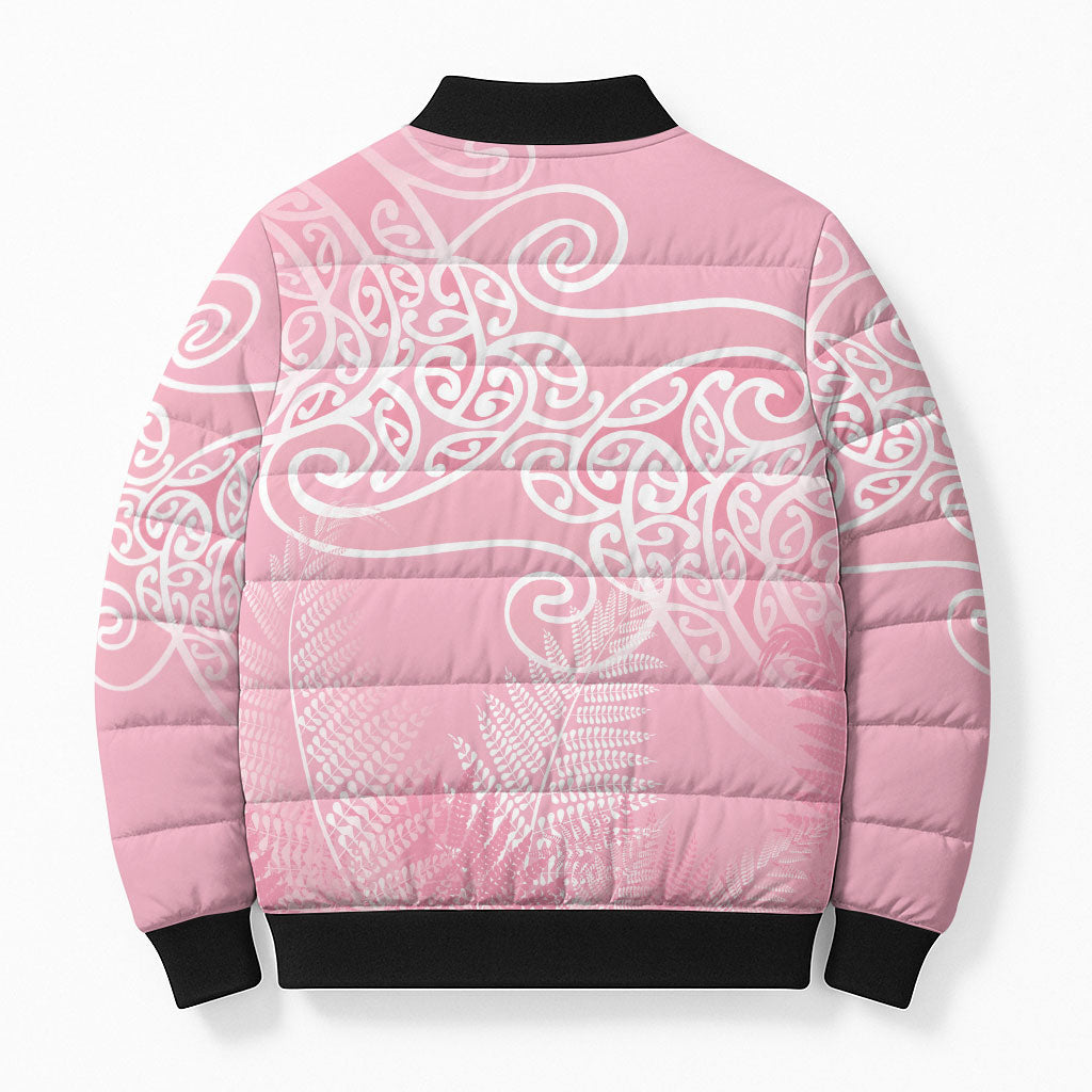 Aotearoa Maori Koru Curves Bomber Puffer Jacket Silver Ferns - Rose Pink
