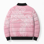 Aotearoa Maori Koru Curves Bomber Puffer Jacket Silver Ferns - Rose Pink