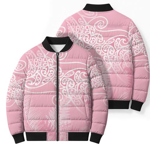 Aotearoa Maori Koru Curves Bomber Puffer Jacket Silver Ferns - Rose Pink