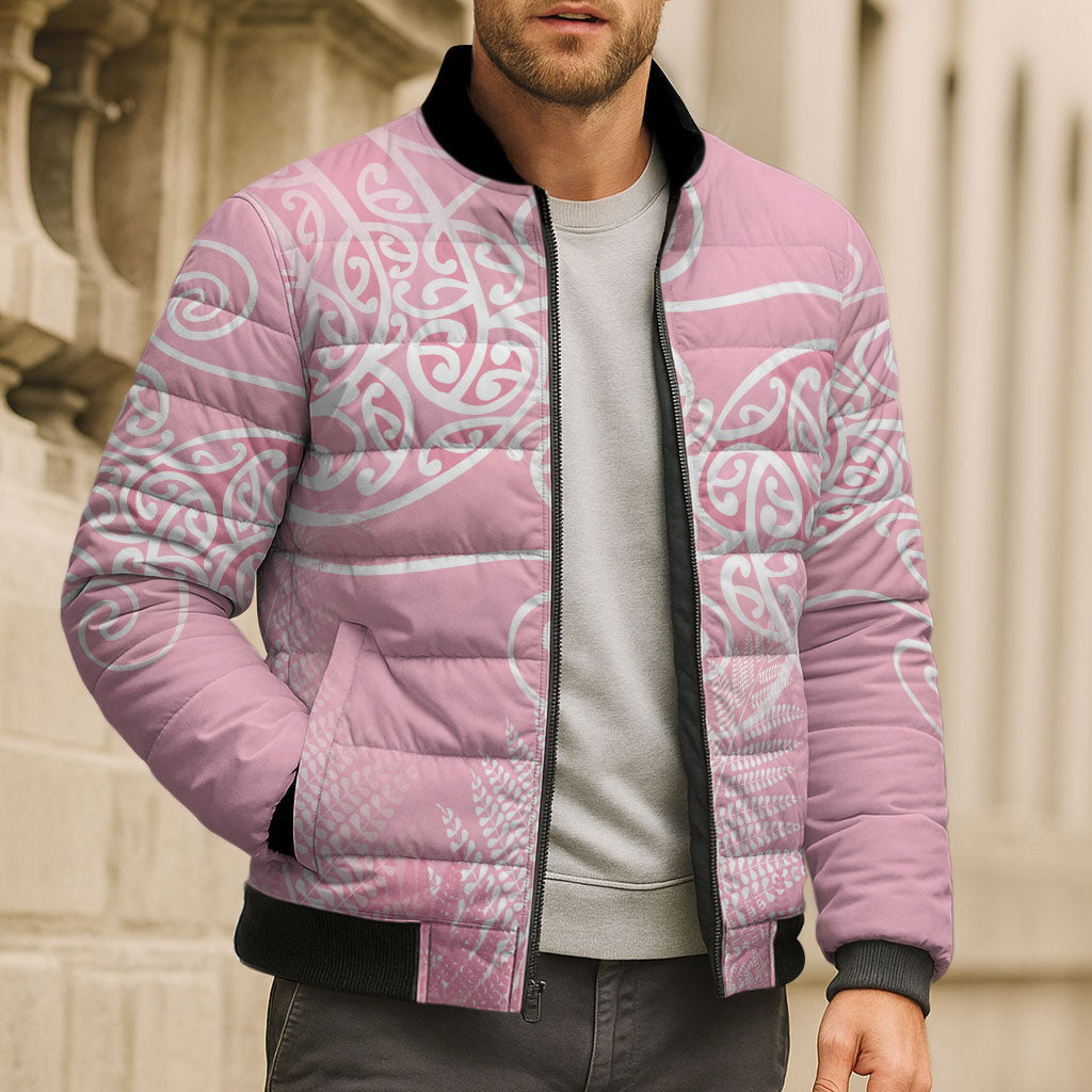 Aotearoa Maori Koru Curves Bomber Puffer Jacket Silver Ferns - Rose Pink