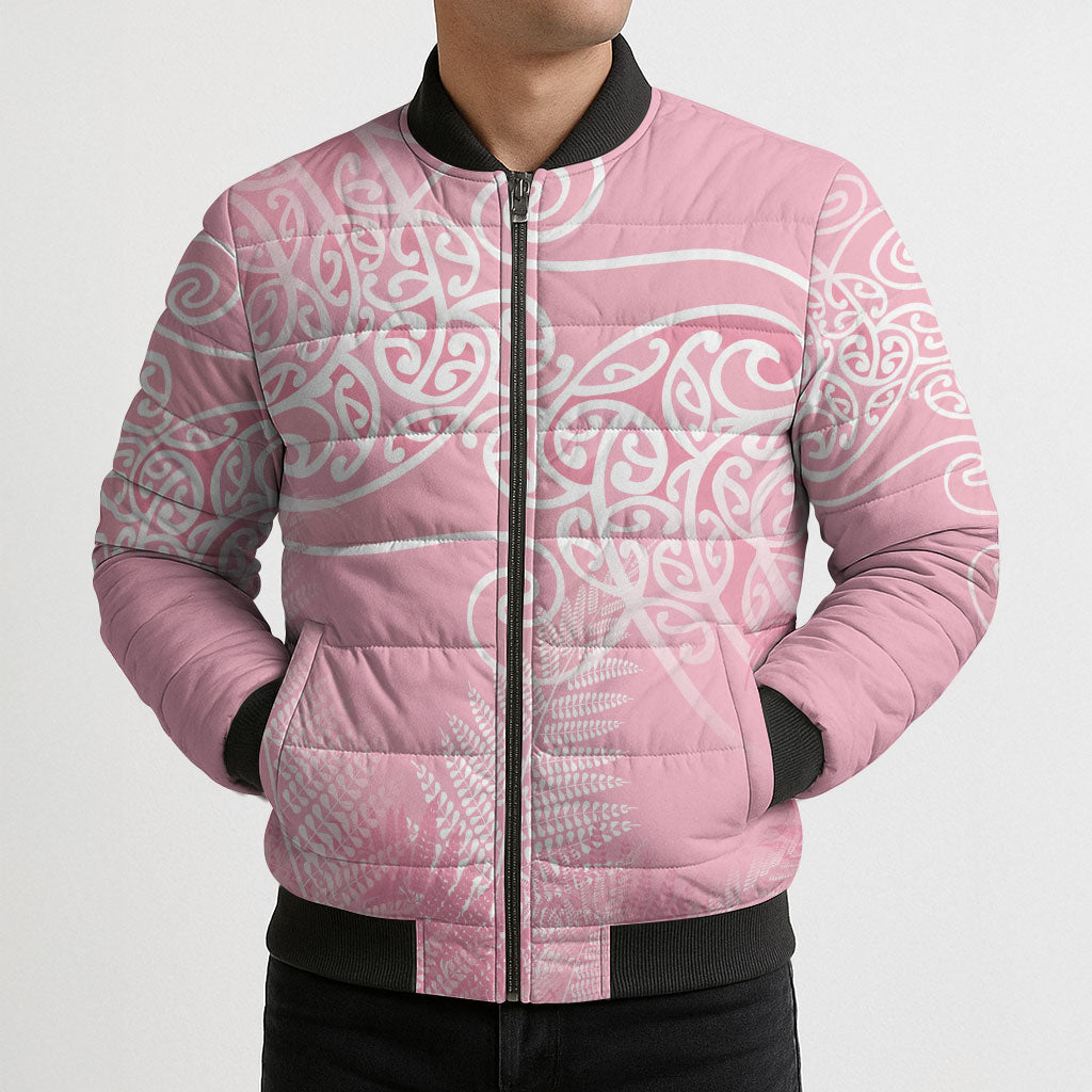 Aotearoa Maori Koru Curves Bomber Puffer Jacket Silver Ferns - Rose Pink