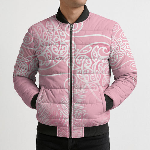 Aotearoa Maori Koru Curves Bomber Puffer Jacket Silver Ferns - Rose Pink