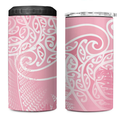 Aotearoa Maori Koru Curves 4 in 1 Can Cooler Tumbler Silver Ferns - Rose Pink