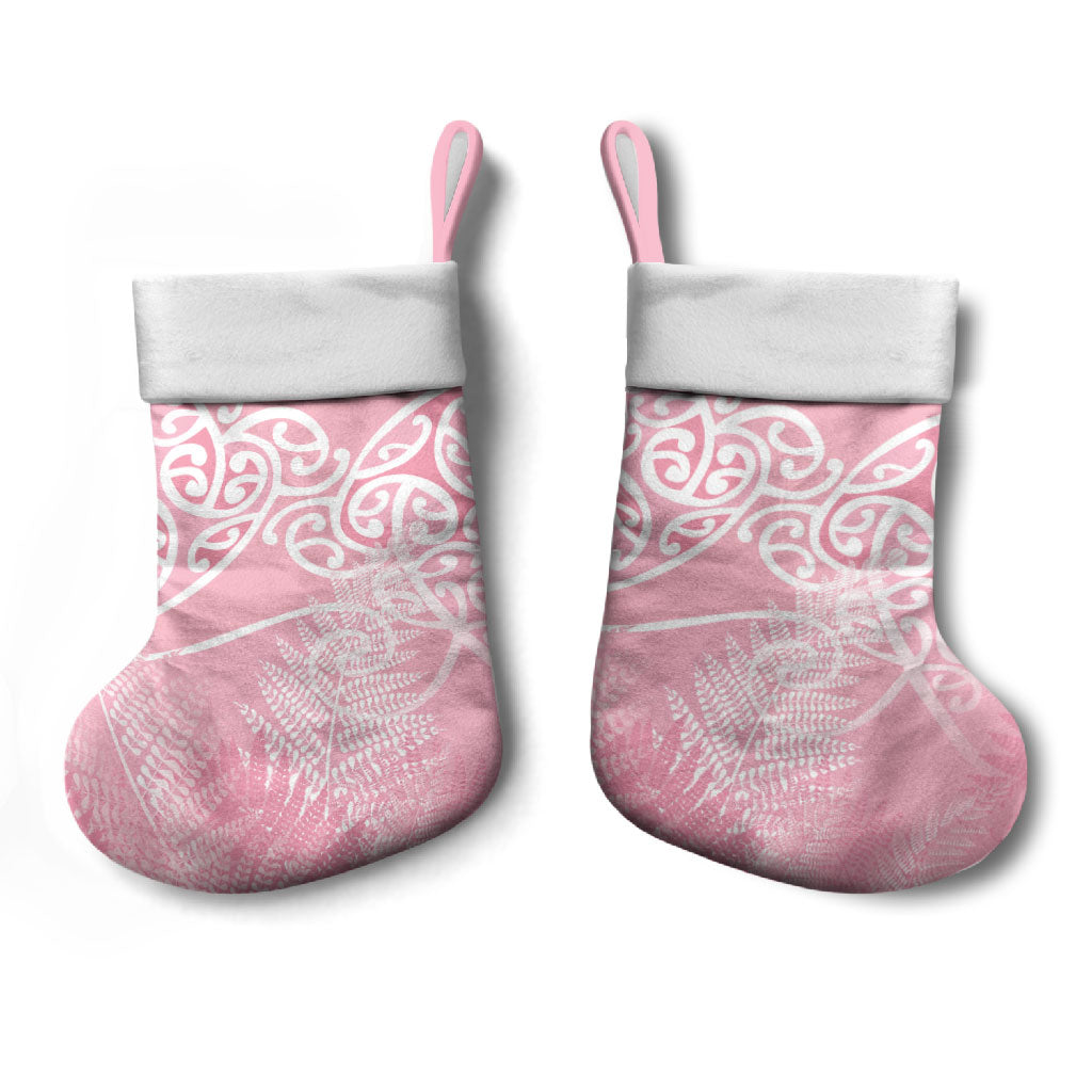 Aotearoa Maori Koru Curves Christmas Stocking Silver Ferns - Rose Pink