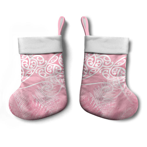 Aotearoa Maori Koru Curves Christmas Stocking Silver Ferns - Rose Pink