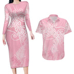 Aotearoa Maori Koru Curves Couples Matching Long Sleeve Bodycon Dress and Hawaiian Shirt Silver Ferns - Rose Pink
