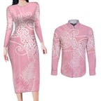 Aotearoa Maori Koru Curves Couples Matching Long Sleeve Bodycon Dress and Long Sleeve Button Shirt Silver Ferns - Rose Pink