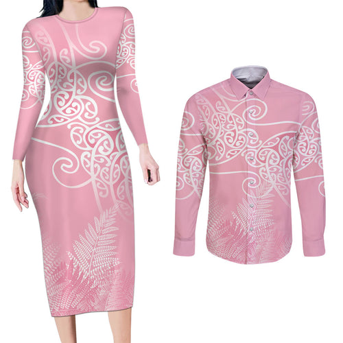 Aotearoa Maori Koru Curves Couples Matching Long Sleeve Bodycon Dress and Long Sleeve Button Shirt Silver Ferns - Rose Pink