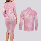 Aotearoa Maori Koru Curves Couples Matching Long Sleeve Bodycon Dress and Long Sleeve Button Shirt Silver Ferns - Rose Pink