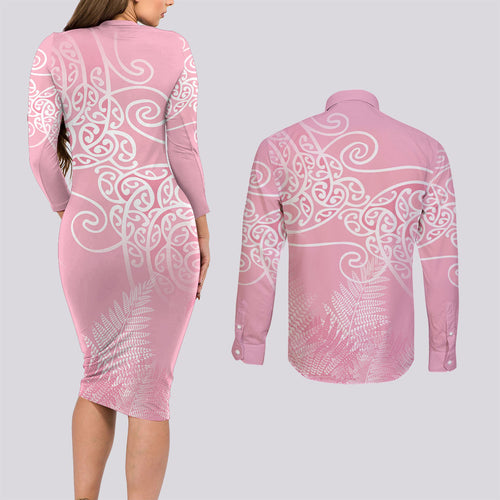 Aotearoa Maori Koru Curves Couples Matching Long Sleeve Bodycon Dress and Long Sleeve Button Shirt Silver Ferns - Rose Pink