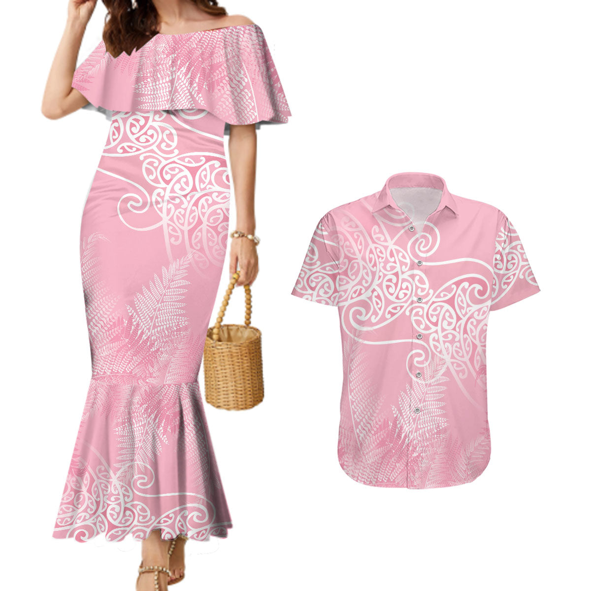 Aotearoa Maori Koru Curves Couples Matching Mermaid Dress and Hawaiian Shirt Silver Ferns - Rose Pink