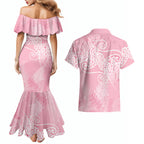 Aotearoa Maori Koru Curves Couples Matching Mermaid Dress and Hawaiian Shirt Silver Ferns - Rose Pink