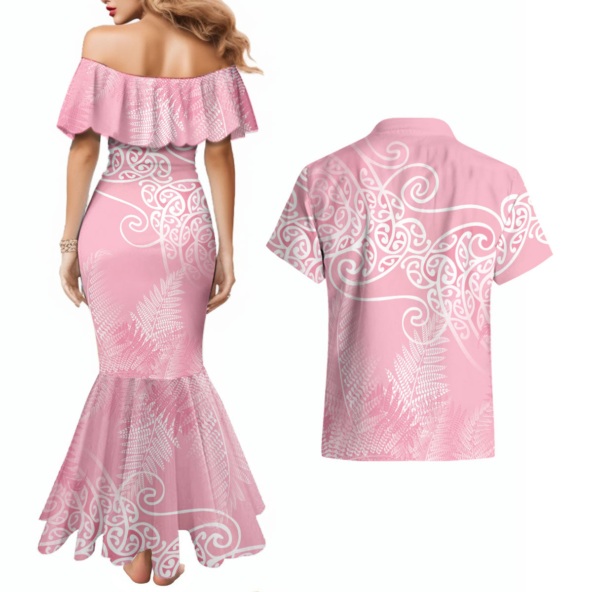 Aotearoa Maori Koru Curves Couples Matching Mermaid Dress and Hawaiian Shirt Silver Ferns - Rose Pink