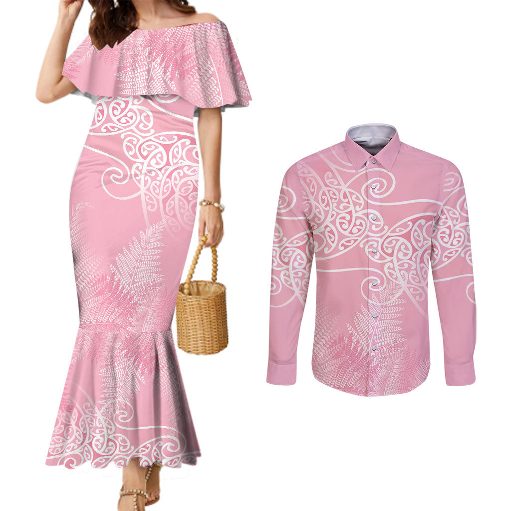 Aotearoa Maori Koru Curves Couples Matching Mermaid Dress and Long Sleeve Button Shirt Silver Ferns - Rose Pink