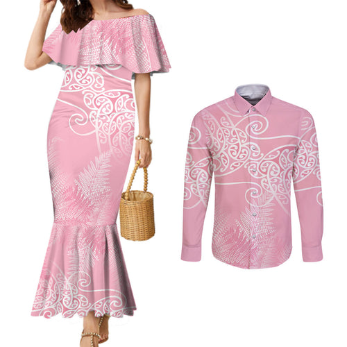 Aotearoa Maori Koru Curves Couples Matching Mermaid Dress and Long Sleeve Button Shirt Silver Ferns - Rose Pink
