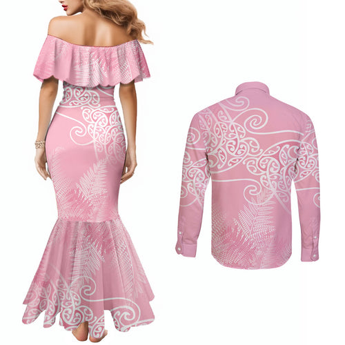 Aotearoa Maori Koru Curves Couples Matching Mermaid Dress and Long Sleeve Button Shirt Silver Ferns - Rose Pink