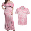 Aotearoa Maori Koru Curves Couples Matching Off Shoulder Maxi Dress and Hawaiian Shirt Silver Ferns - Rose Pink