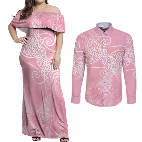 Aotearoa Maori Koru Curves Couples Matching Off Shoulder Maxi Dress and Long Sleeve Button Shirt Silver Ferns - Rose Pink