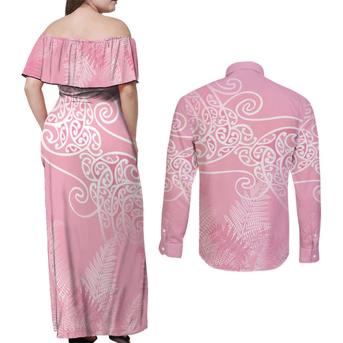 Aotearoa Maori Koru Curves Couples Matching Off Shoulder Maxi Dress and Long Sleeve Button Shirt Silver Ferns - Rose Pink