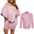 Aotearoa Maori Koru Curves Couples Matching Off Shoulder Short Dress and Long Sleeve Button Shirt Silver Ferns - Rose Pink