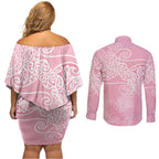 Aotearoa Maori Koru Curves Couples Matching Off Shoulder Short Dress and Long Sleeve Button Shirt Silver Ferns - Rose Pink