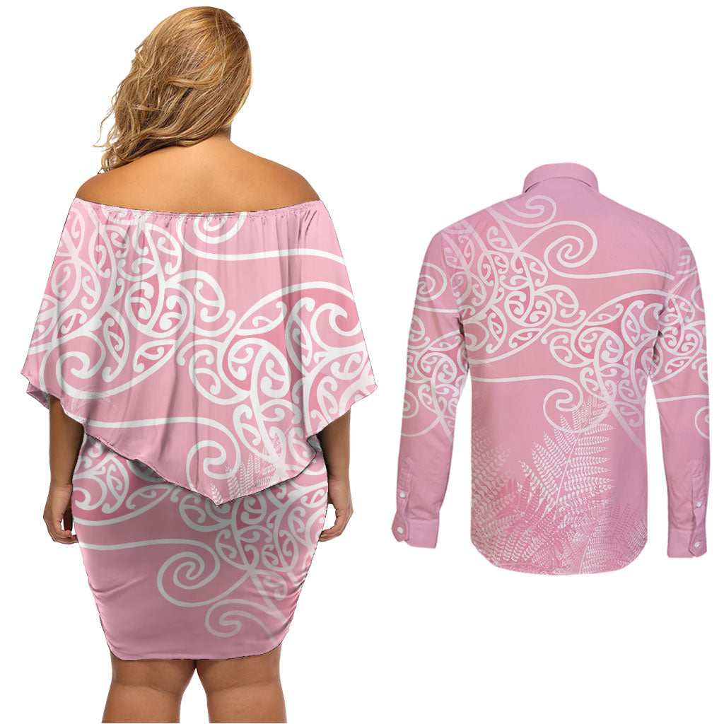 Aotearoa Maori Koru Curves Couples Matching Off Shoulder Short Dress and Long Sleeve Button Shirt Silver Ferns - Rose Pink
